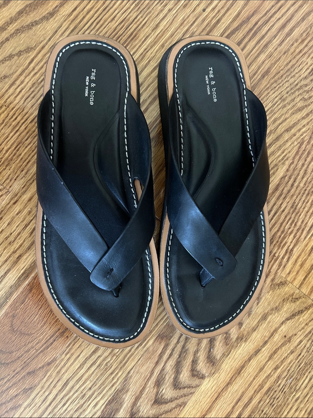 rag & bone Women’s Black Leather Cross-Strap Flip Sandals with Tan Trim